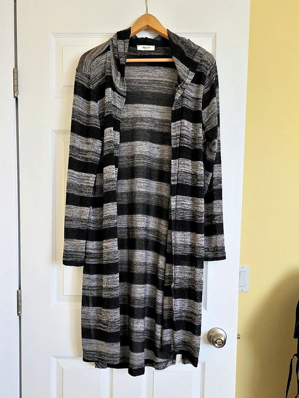 Mandee Striped Open Front Hooded Cardigan in Black & Gray